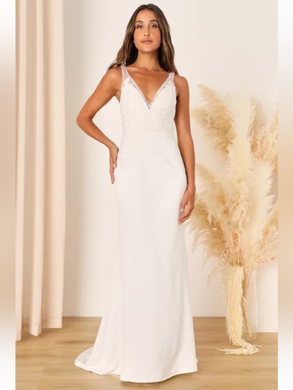 NWT Lulus Precious Promise White Satin Embroidered Lace Mermaid Maxi Dress